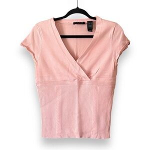 Y2K Axcess Pink Surplice Short Sleeve Top Size Large Femme Romantic Office